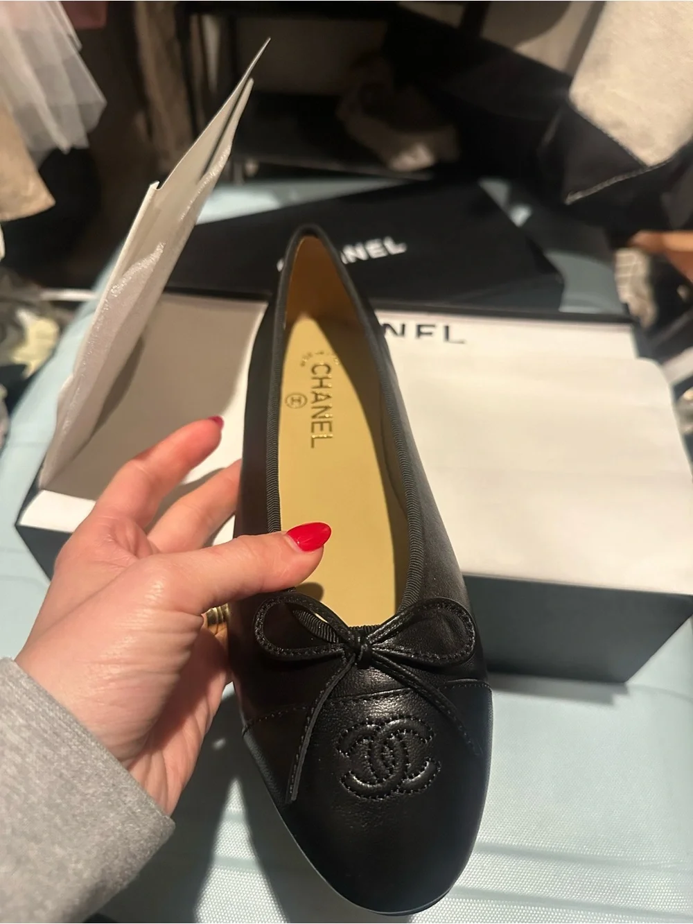 CHANEL Black Leather Ballet Flat with Bow - Women's - Picture 1 of 3